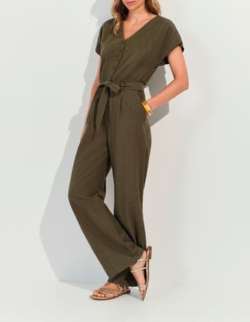 RIO - Combinaison kaki lin m&eacute;lang&eacute; broderies plac&eacute;es-1