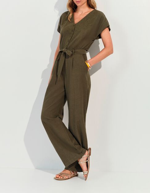 RIO - Combinaison kaki lin m&eacute;lang&eacute; broderies plac&eacute;es - One Step