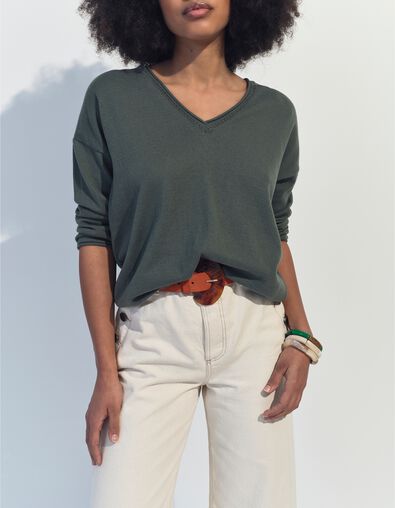 TZAR - Pull vert coton bio tricot Intarsia danseuse au dos - One Step