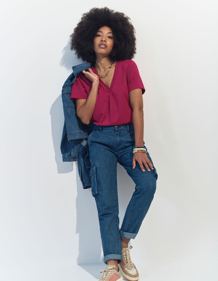 MARCIA - T-shirt rouge encolure V maille irisée -5