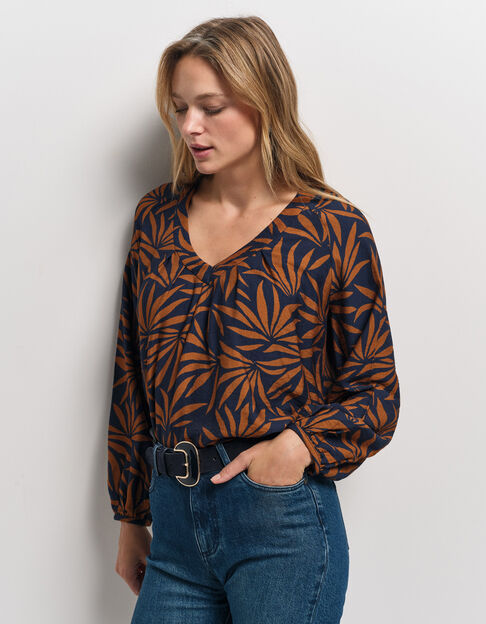 CINDY - Blouse marine imprimé maxi feuilles - One Step