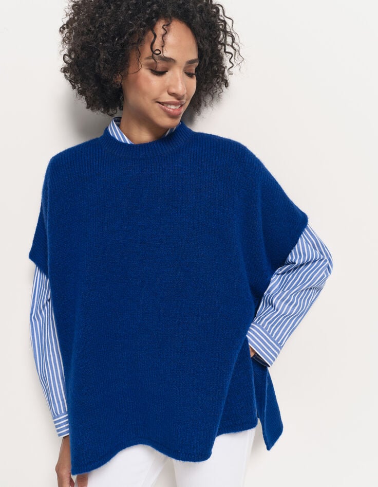 ADA - Poncho bleu tricot boutons côtés-2