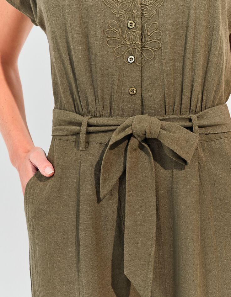 RIO - Combinaison kaki lin m&eacute;lang&eacute; broderies plac&eacute;es-4