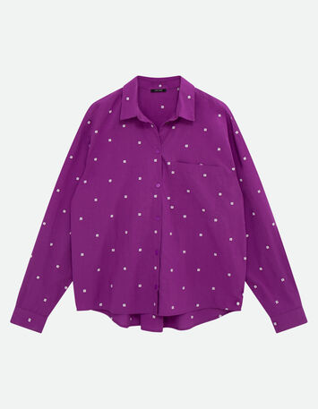CELESTE - Chemise violet broderies petits carrés écrus -4