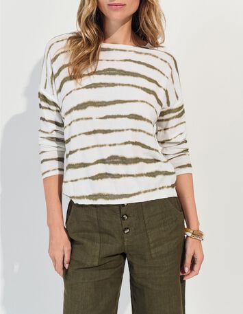 TECLA - Pull blanc motif rayures floues kaki -2