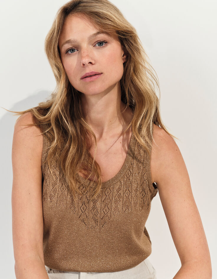 TAHIR - Pull sans manches marron tricot lurex fantaisie -2