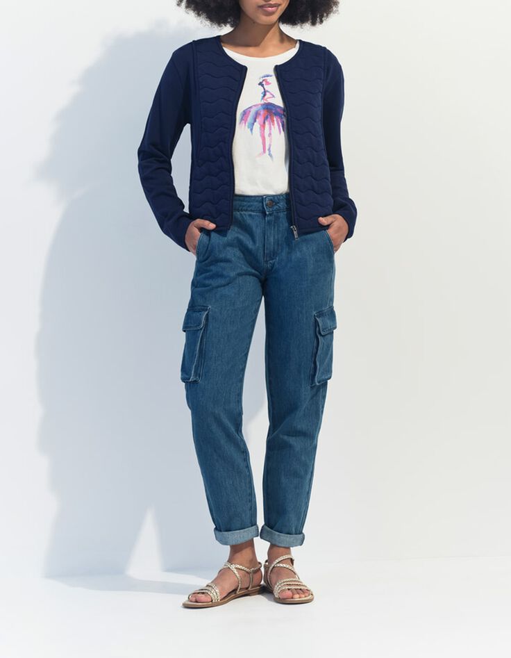 MARINO - Cardigan bleu coton bio zipp&eacute; maille matelass&eacute;e -7