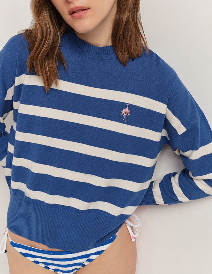 TIANA - Pull santorin blue à rayures broderie danseuse-2