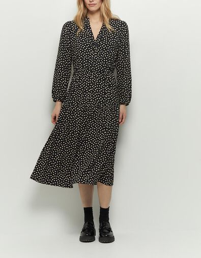 ROMANE - Robe chemise midi noire en viscose imprimé pois - One Step