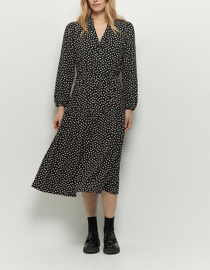 ROMANE - Robe chemise midi noire en viscose imprimé pois-1