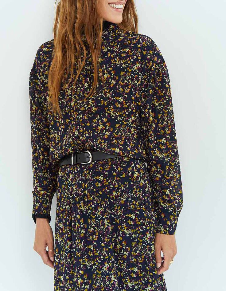 CHIYOKO - Chemise marine polyester recyclé fleuries-2