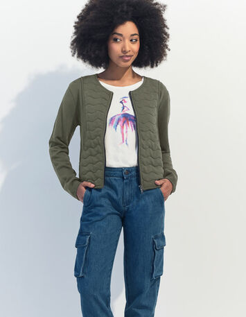 MARINO - Cardigan kaki coton bio zippé maille matelassée -6