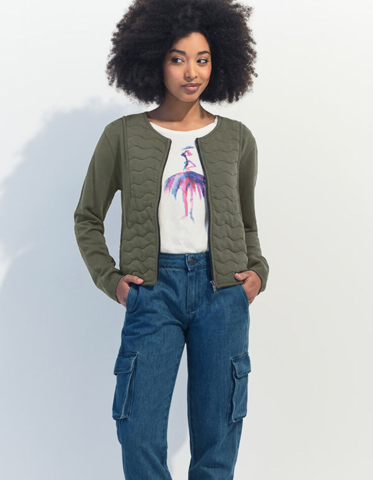 MARINO - Cardigan kaki coton bio zippé maille matelassée -6