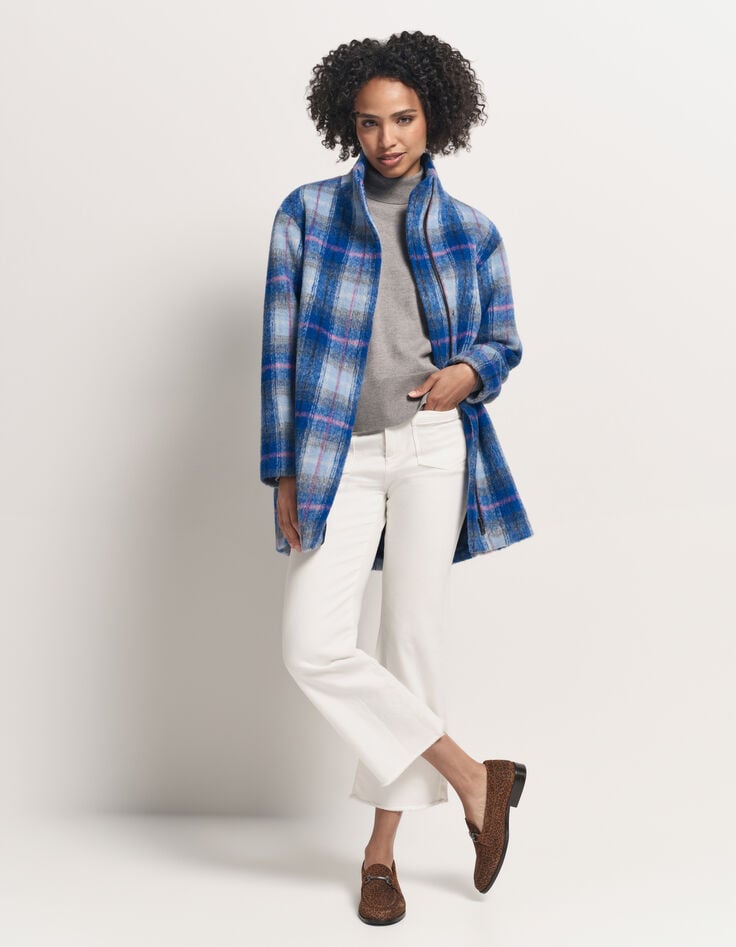 DANICA - Manteau bleu motif carreaux col montant-2 DANICA - Manteau bleu motif carreaux col montant-2