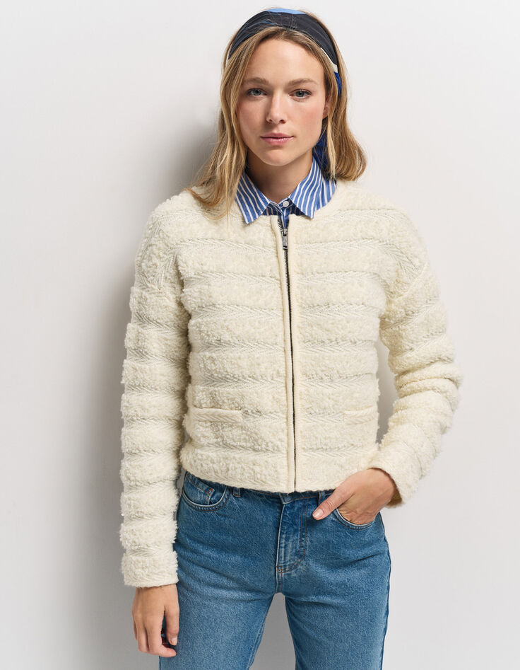 TALI - Cardigan écru tricot fantaisie rayures relief-2 TALI - Cardigan écru tricot fantaisie rayures relief-2