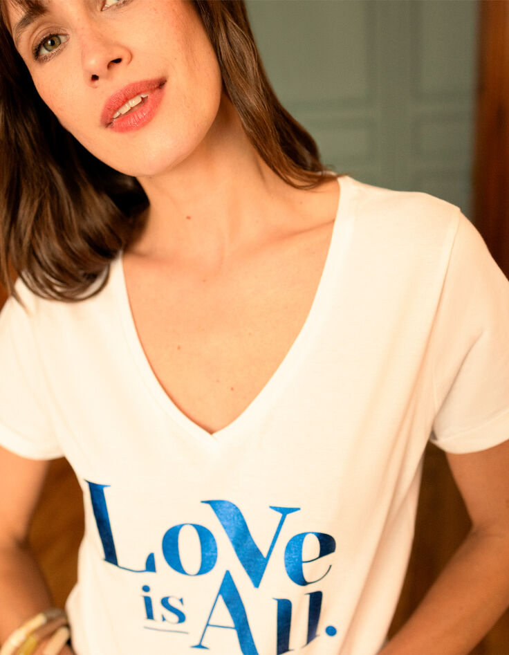 MARCO - T-shirt blanc coton bio message bleu métallisé -4