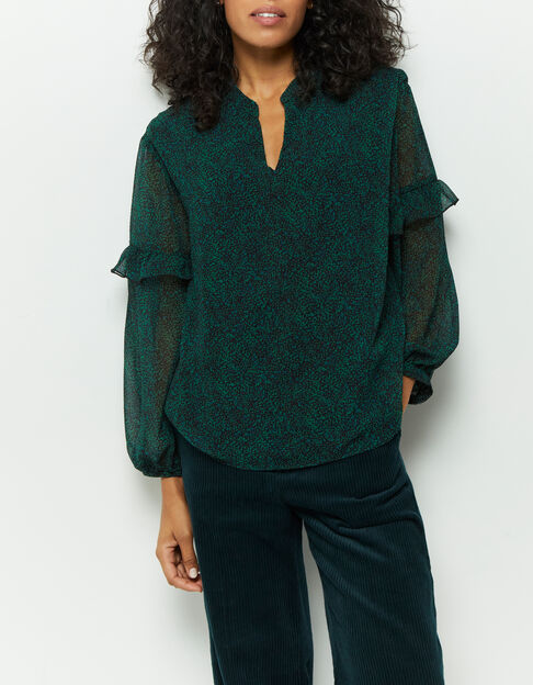 COMMANCHE - Blouse noire à imprimé pointilliste vert - One Step