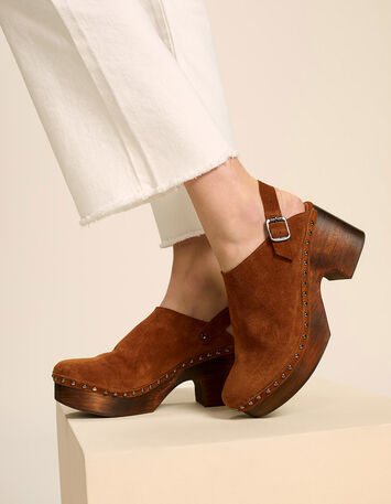 O.POLIE - Sabots caramel en cuir velours à talon bois-2