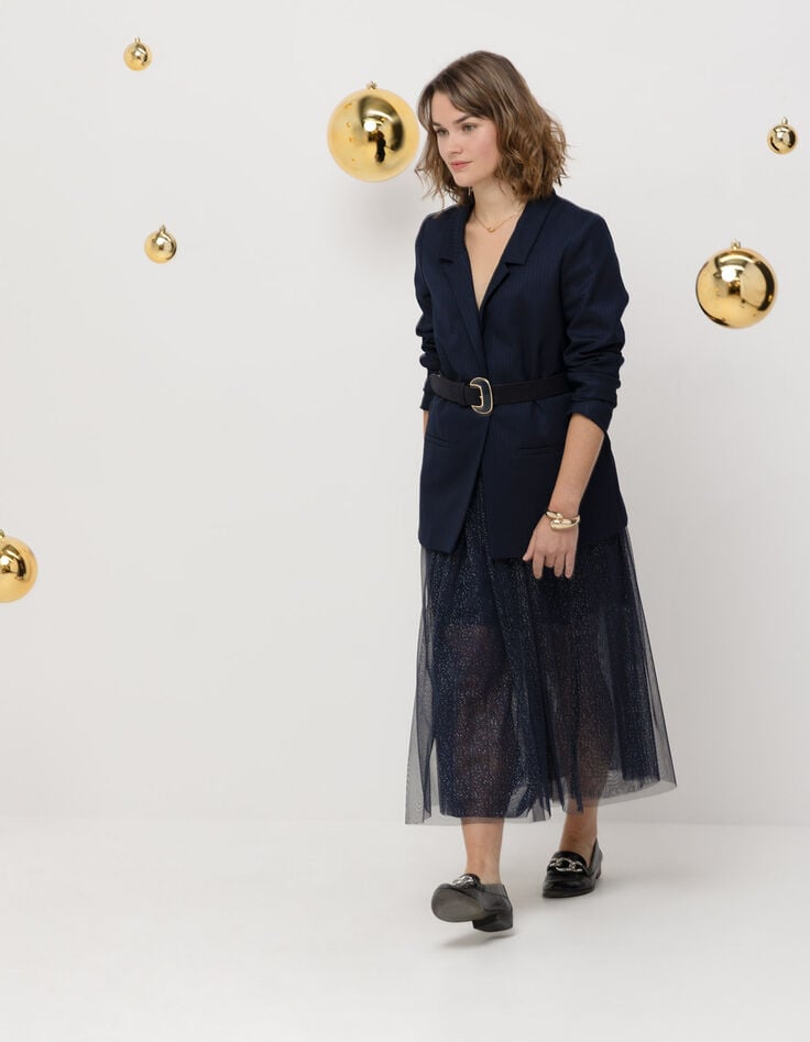 JANICE - Jupe midi marine tulle pailleté-8