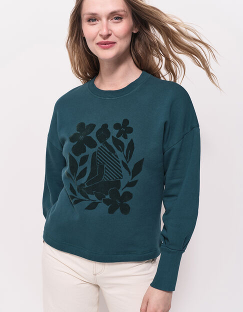 MELISSE - Sweat vert flocage fleurs avec col amovible - One Step