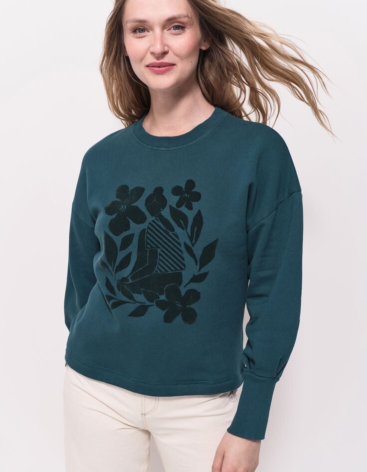 MELISSE - Sweat vert flocage fleurs avec col amovible-1 MELISSE - Sweat vert flocage fleurs avec col amovible-1