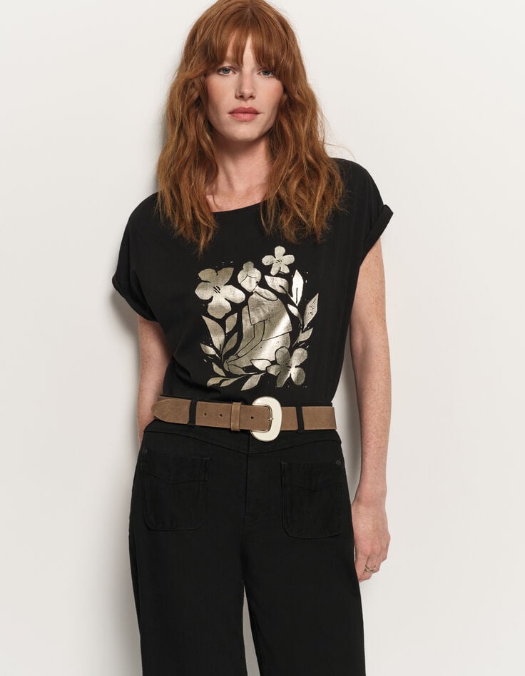 MAGICA - T-shirt noir coton bio danseuse dorée revisitée-1 MAGICA - T-shirt noir coton bio danseuse dorée revisitée-1