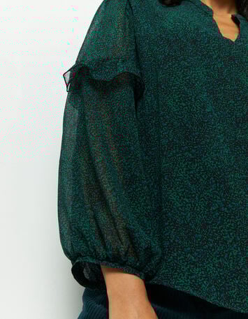 COMMANCHE - Blouse noire à imprimé pointilliste vert-4 COMMANCHE - Blouse noire à imprimé pointilliste vert-4