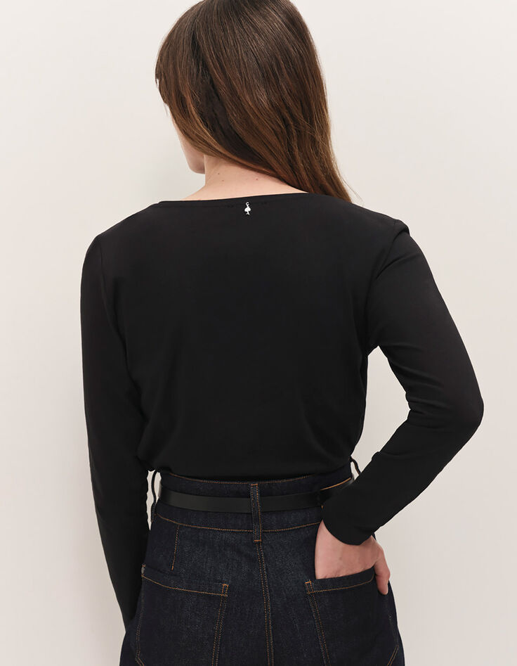 MAFFY - T-shirt noir d&eacute;tail feuillage flocage velours-3