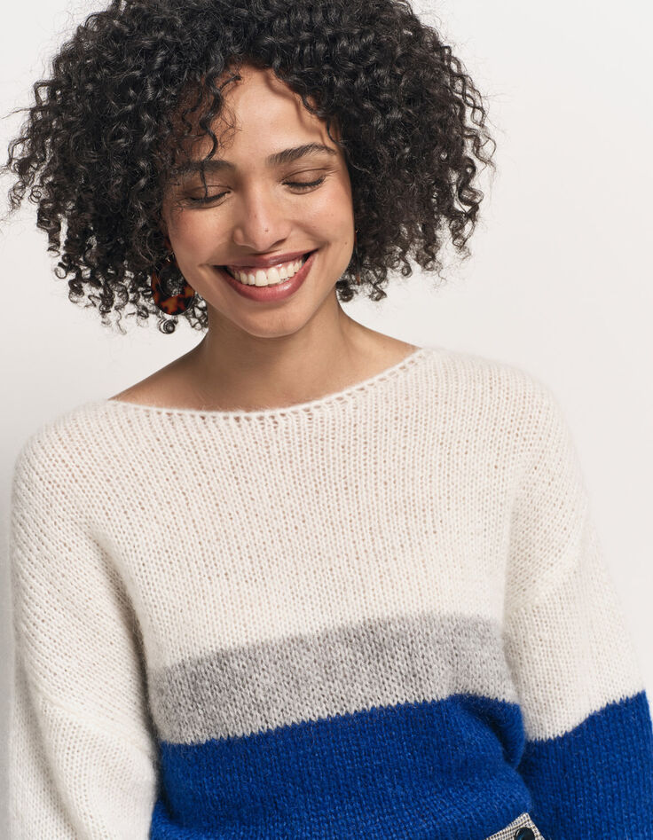TIARA - Pull bleu tricot effet rayures color block-2 TIARA - Pull bleu tricot effet rayures color block-2