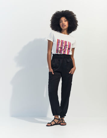 MIKA - T-shirt écru coton bio visages sur fond rayé -5