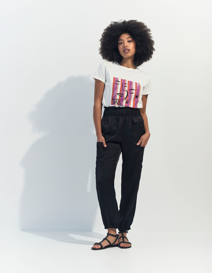 MIKA - T-shirt écru coton bio visages sur fond rayé -5