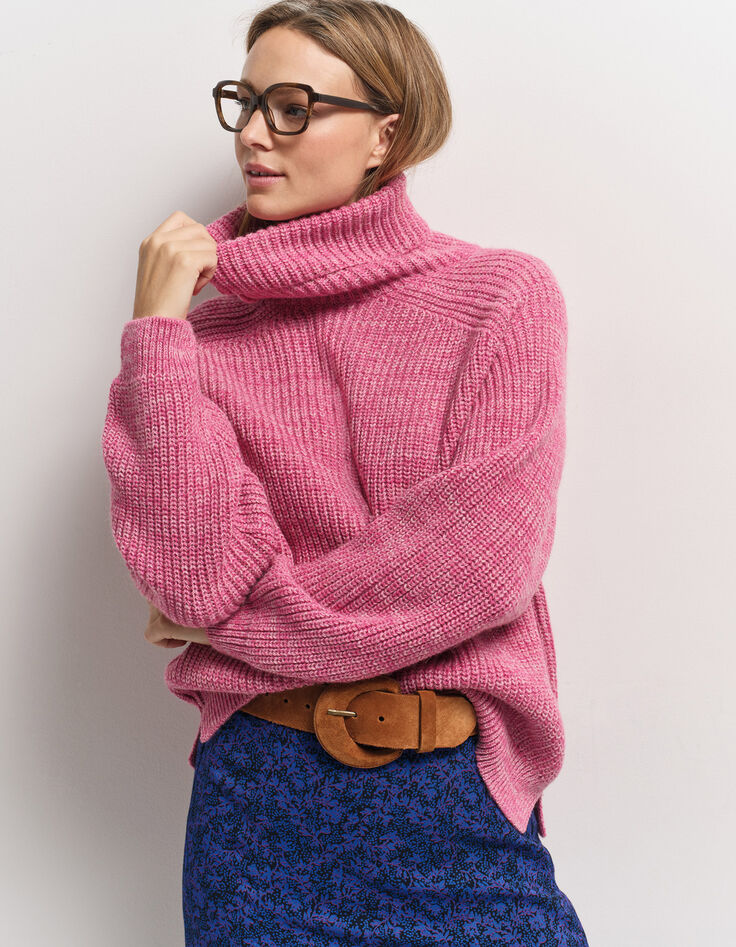 TORINO - Pull col roulé rose tricot fantaisie-1