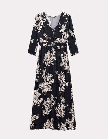 ROCCIA - Robe longue noire imprimé feuillage d'hiver-2