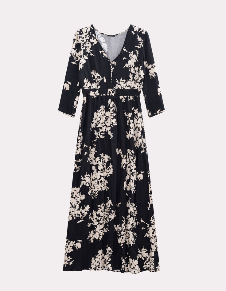ROCCIA - Robe longue noire imprimé feuillage d'hiver-2
