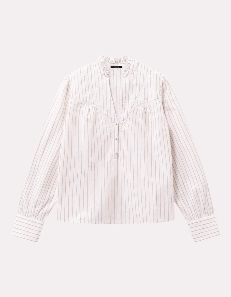 CAYCE - Blouse blanche motif rayures beige -1 CAYCE - Blouse blanche motif rayures beige -1