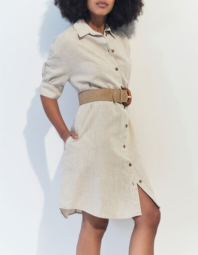 REACH - Robe chemise beige chin&eacute; en lin et coton  - One Step