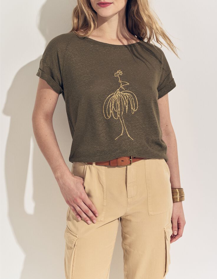 MEIRY- T-shirt kaki maille coton lin danseuse dor&eacute;e-1