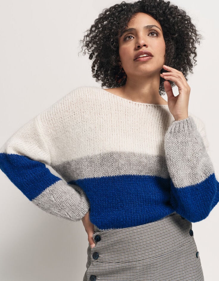 TIARA - Pull bleu tricot effet rayures color block-1 TIARA - Pull bleu tricot effet rayures color block-1