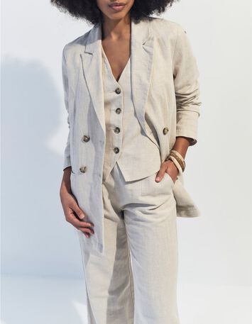 GLORIA - Gilet de costume beige chin&eacute; en lin et coton -2