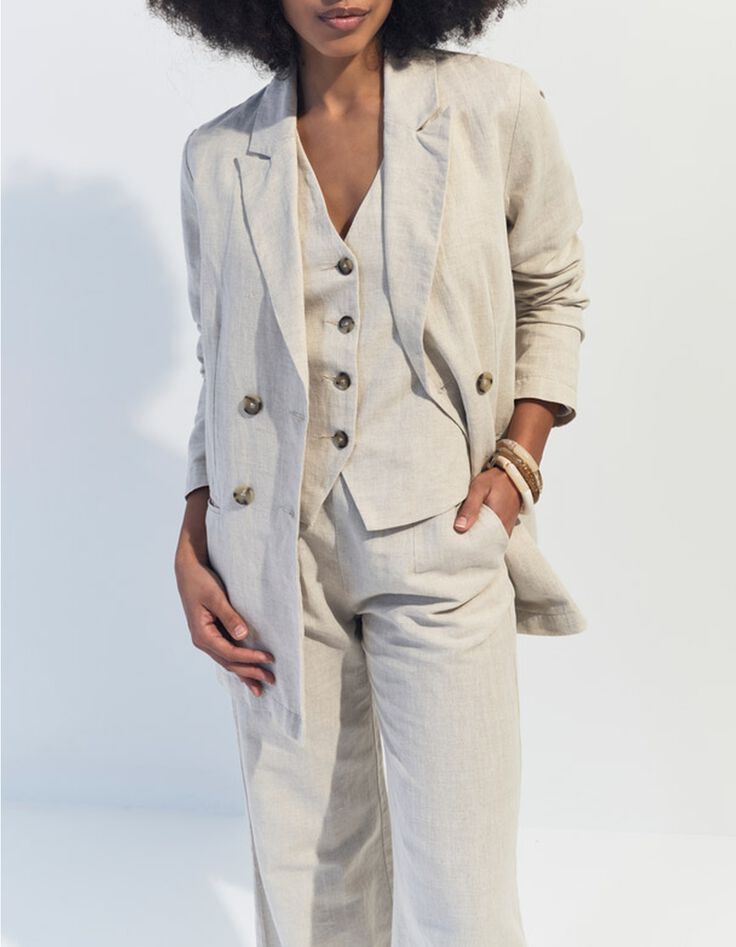 GLORIA - Gilet de costume beige chin&eacute; en lin et coton -2