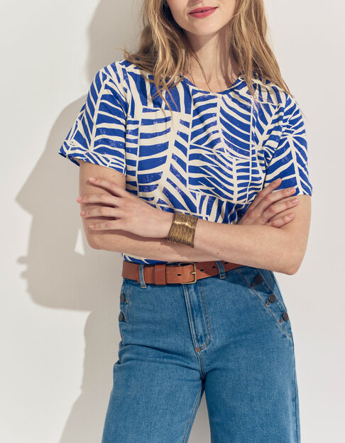MANARA- T-shirt bleu coton bio imprim&eacute; tropic chic - One Step