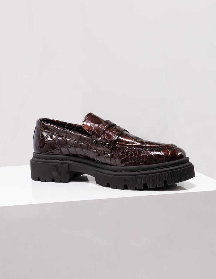 O.MAYA - Mocassins marron cuir verni embossé croco-1