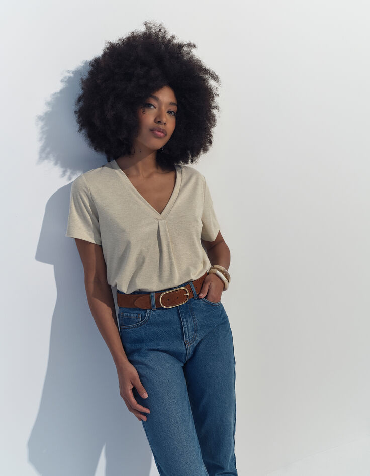MARCIA - T-shirt doré encolure V maille irisée -2