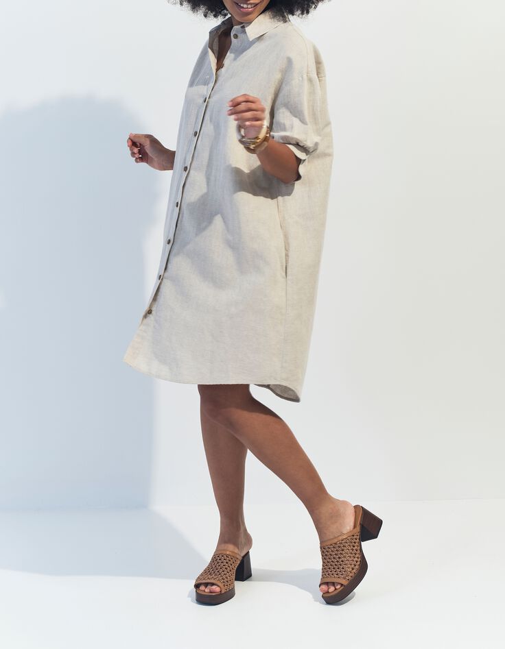 REACH - Robe chemise beige chin&eacute; en lin et coton -5