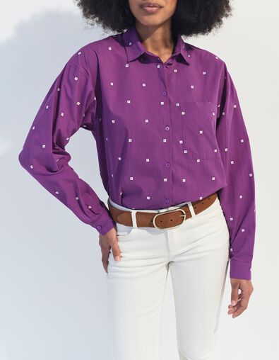 CELESTE - Chemise violet broderies petits carr&eacute;s &eacute;crus  - One Step