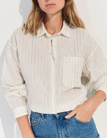 CELESTE - Chemise blanche &agrave; motif rayures argent&eacute;es -4