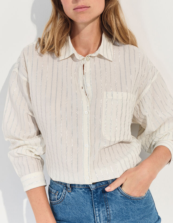 CELESTE - Chemise blanche &agrave; motif rayures argent&eacute;es -4
