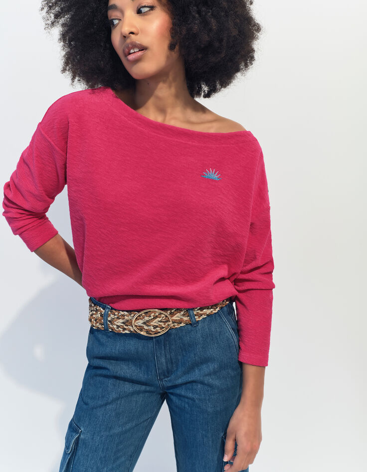 MALOU - T-shirt rose éponge coton bio broderie soleil -2