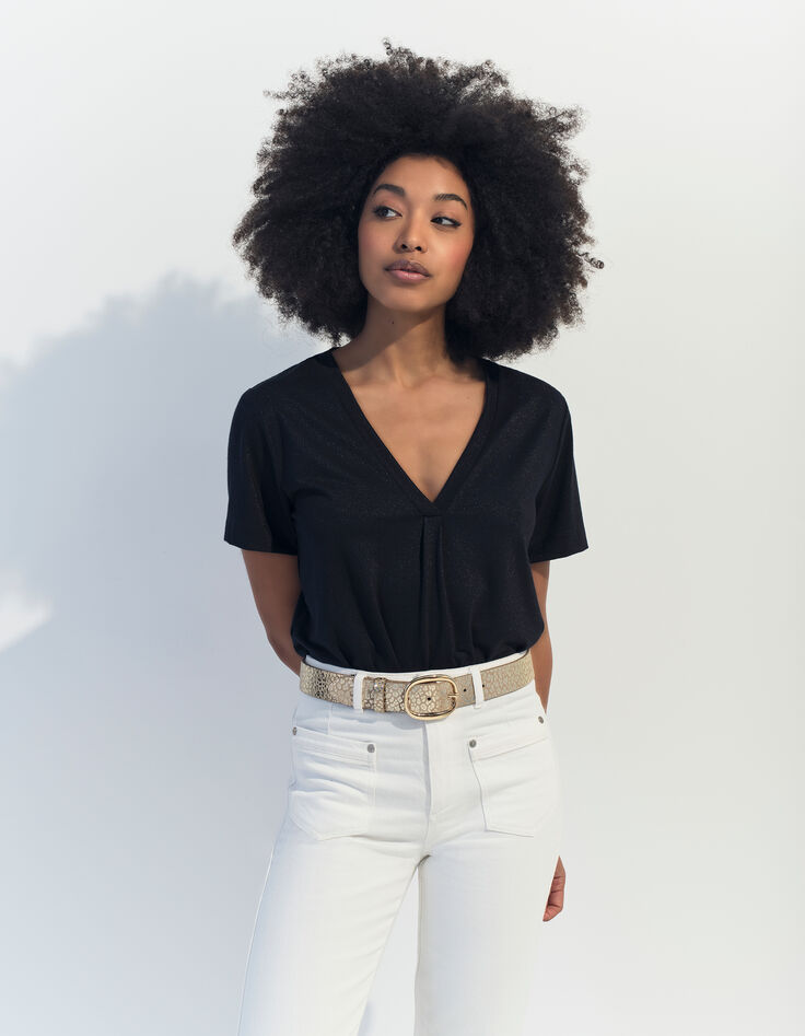 MARCIA - T-shirt noir encolure V maille irisée -2