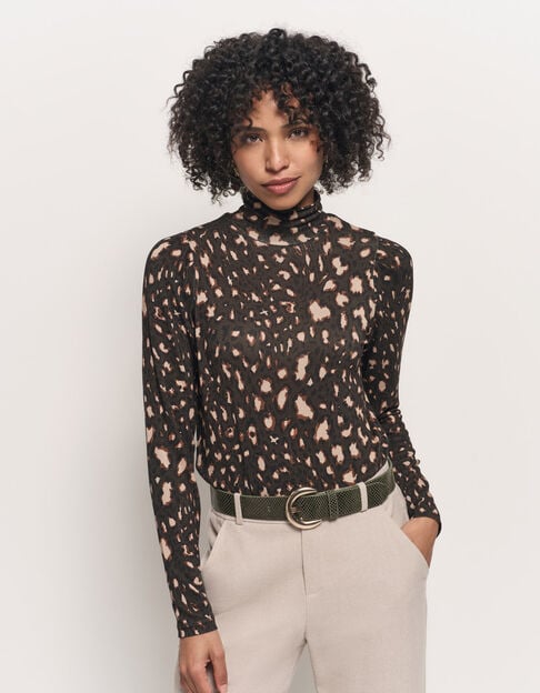 MADLY - T-shirt kaki col roulé imprimé tachiste animalier - One Step